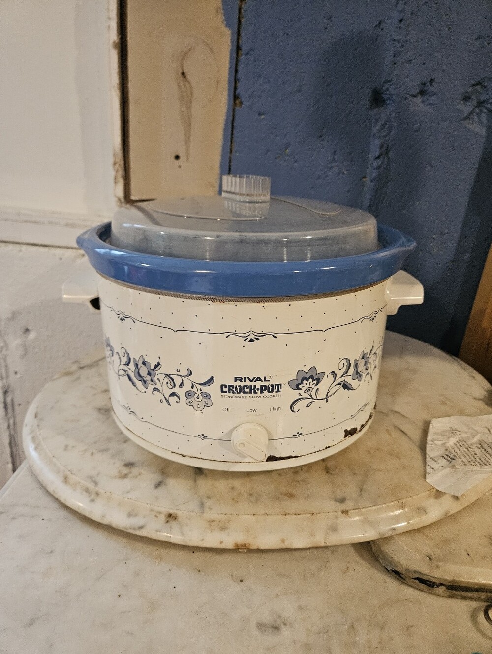 Rival Crock Pot Slow Cooker Blue White Stoneware Model 3355 Vtg Tested&Works